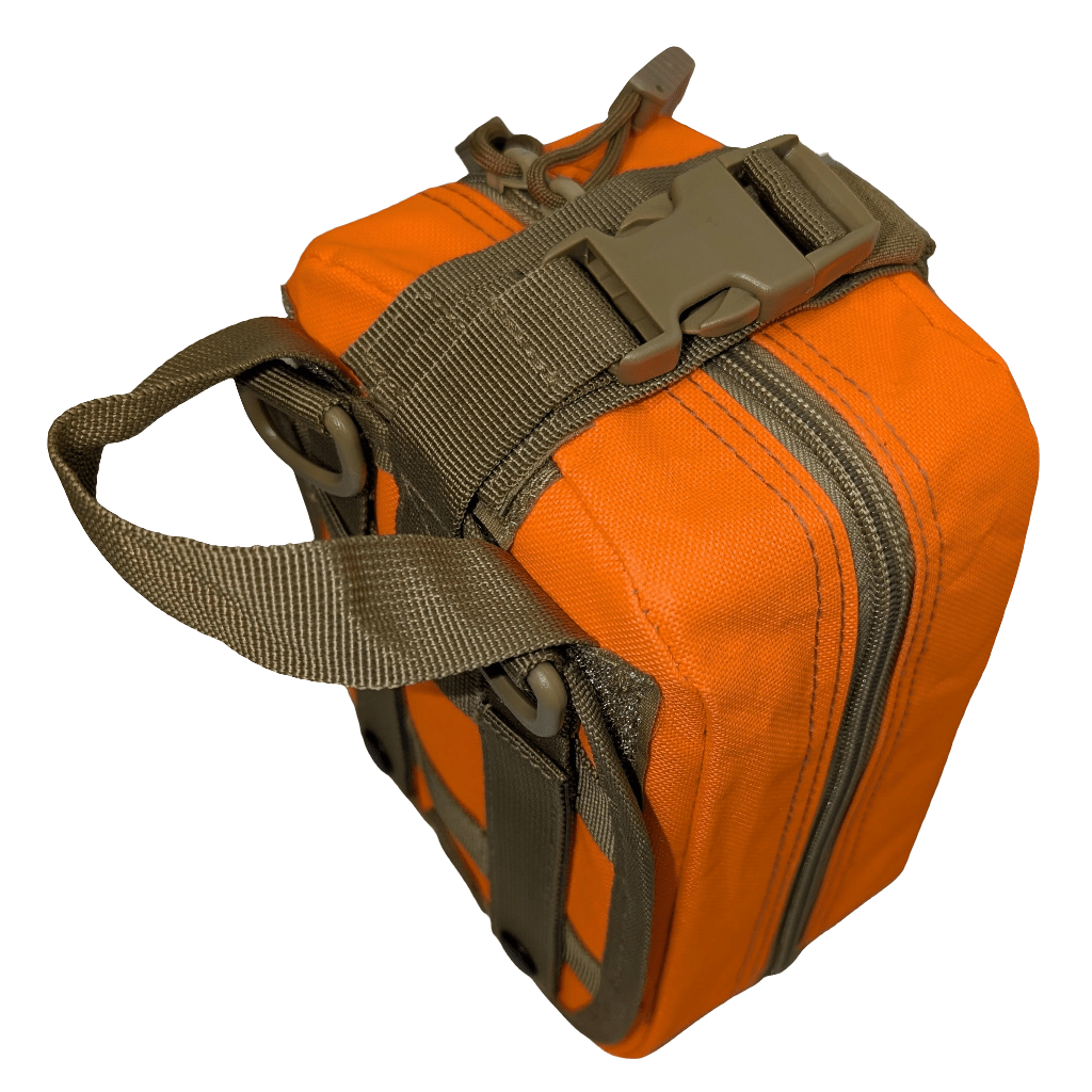 Hi vis orange molle style first aid kit for Australian snake, spider & tick first aid. Made in Dubbo by Assurance First Aid Kits. View of top bag buckle.