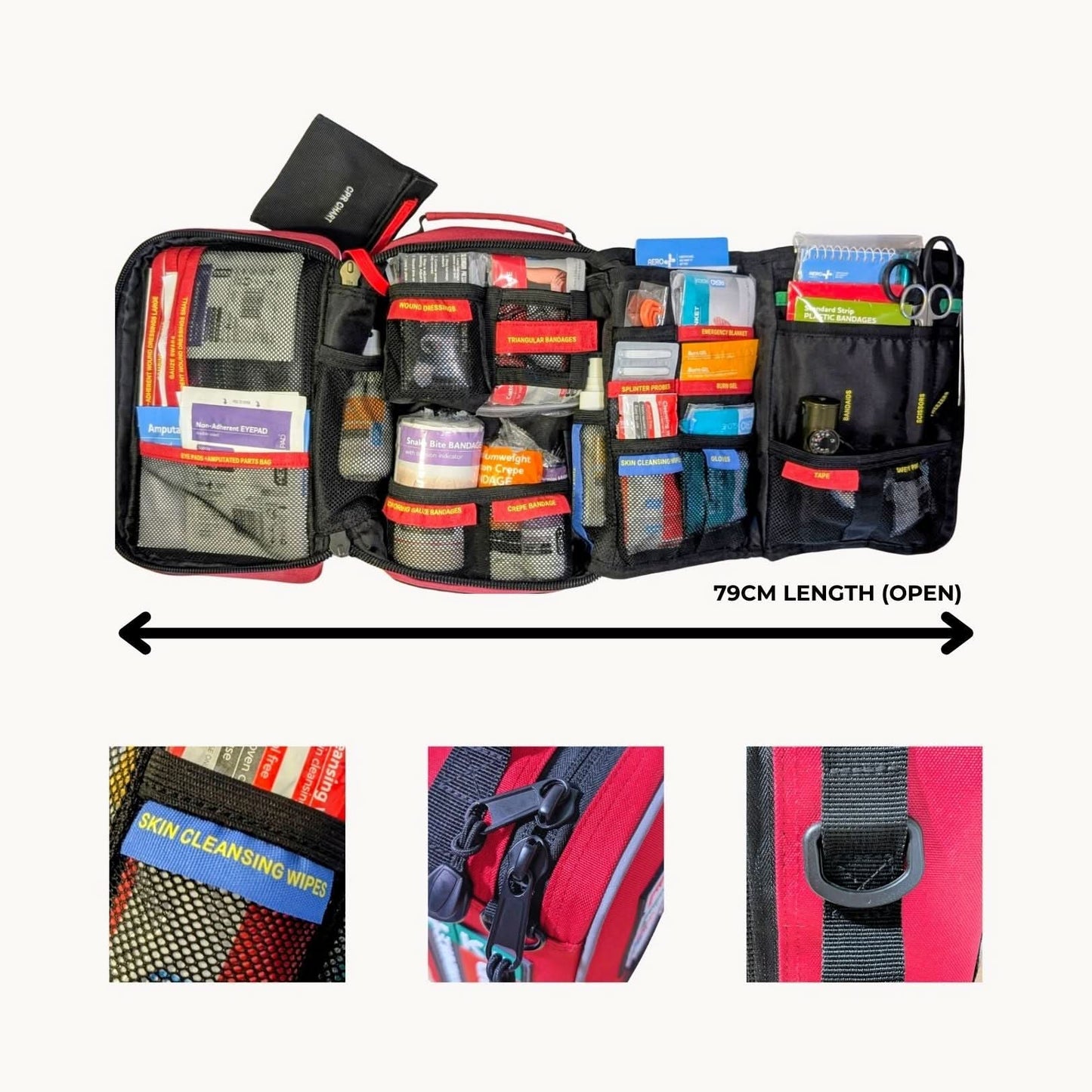 Red outdoor first aid open, unfolded top down view of packed kit showing internal colour coded labels plus features. 79cm fully opened. Built in dubbo NSW by Assurance First Aid Kits
