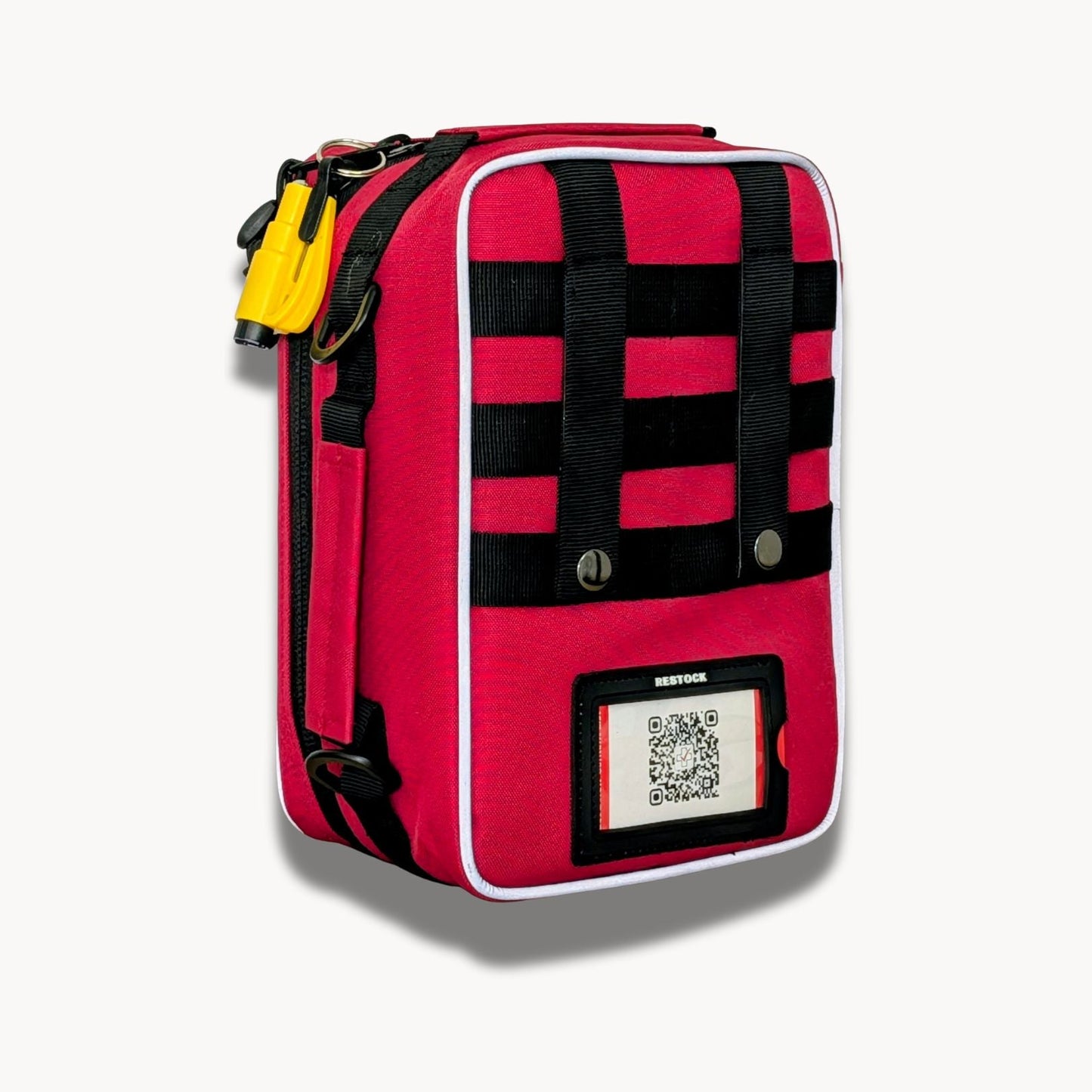 Red outdoor first aid & trauma kit open, unfolded top rear view of molle system. Built in dubbo NSW by Assurance First Aid Kits