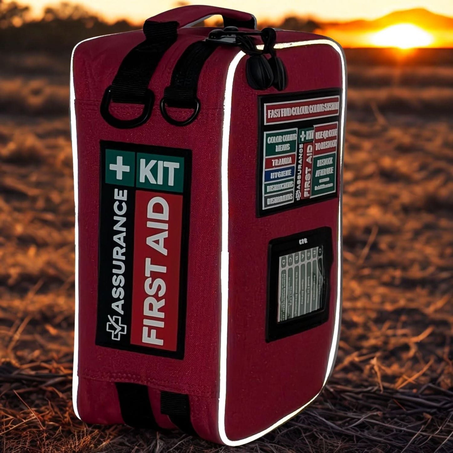 WHS Compliant Red First Aid Kit Built in Dubbo by Assurance First Aid Kits showing reflective piping in an Australian susnset