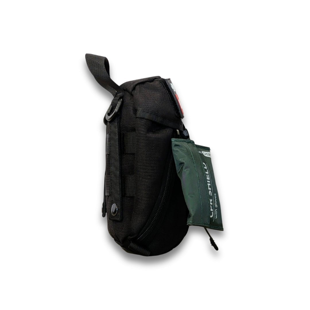 IFAK Hike first aid kit for hiking and bushwalking. Black molle bag. Keyring CPR shield. Right Side External View with Molled strap detail. Built in Dubbo NSW