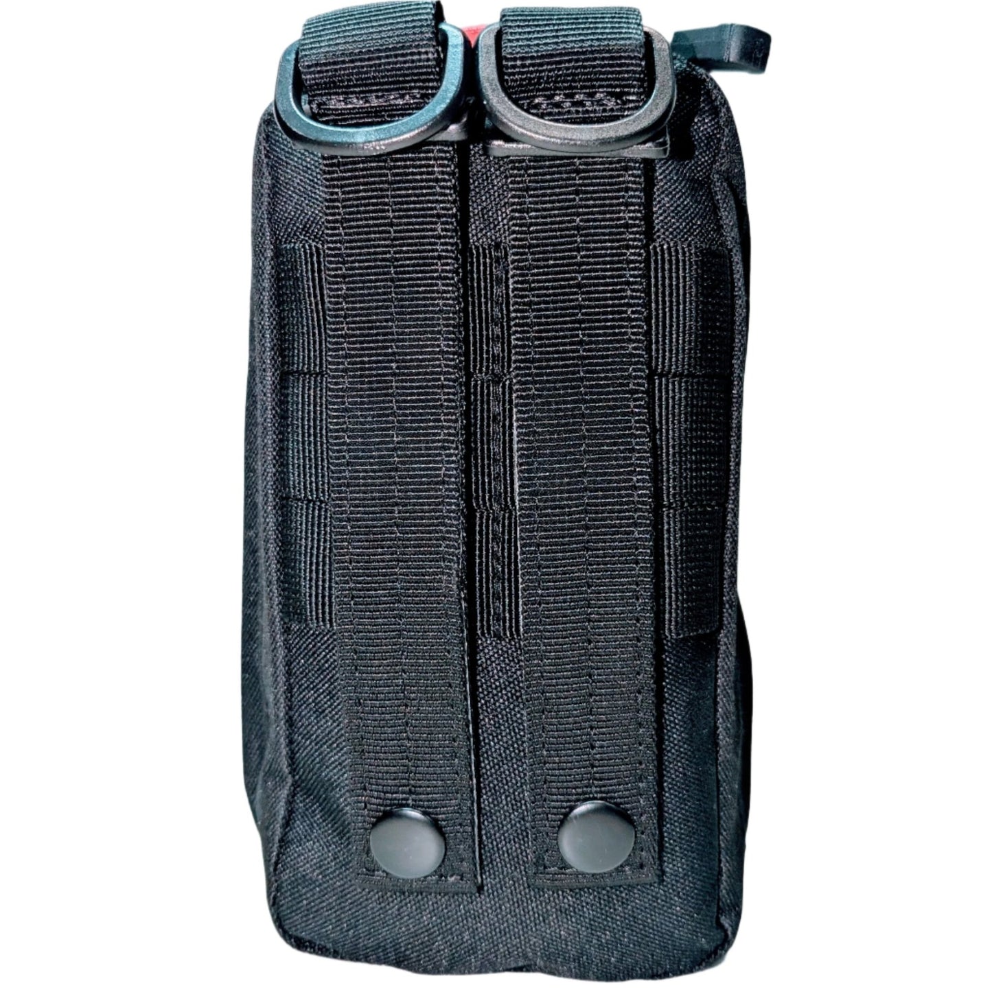 Black molle style, thigh drop down tactical pouch with tourniquet and trauma shears. Built in Dubbo by Assurance First Aid Kits.Rear profile, detail of molle system.