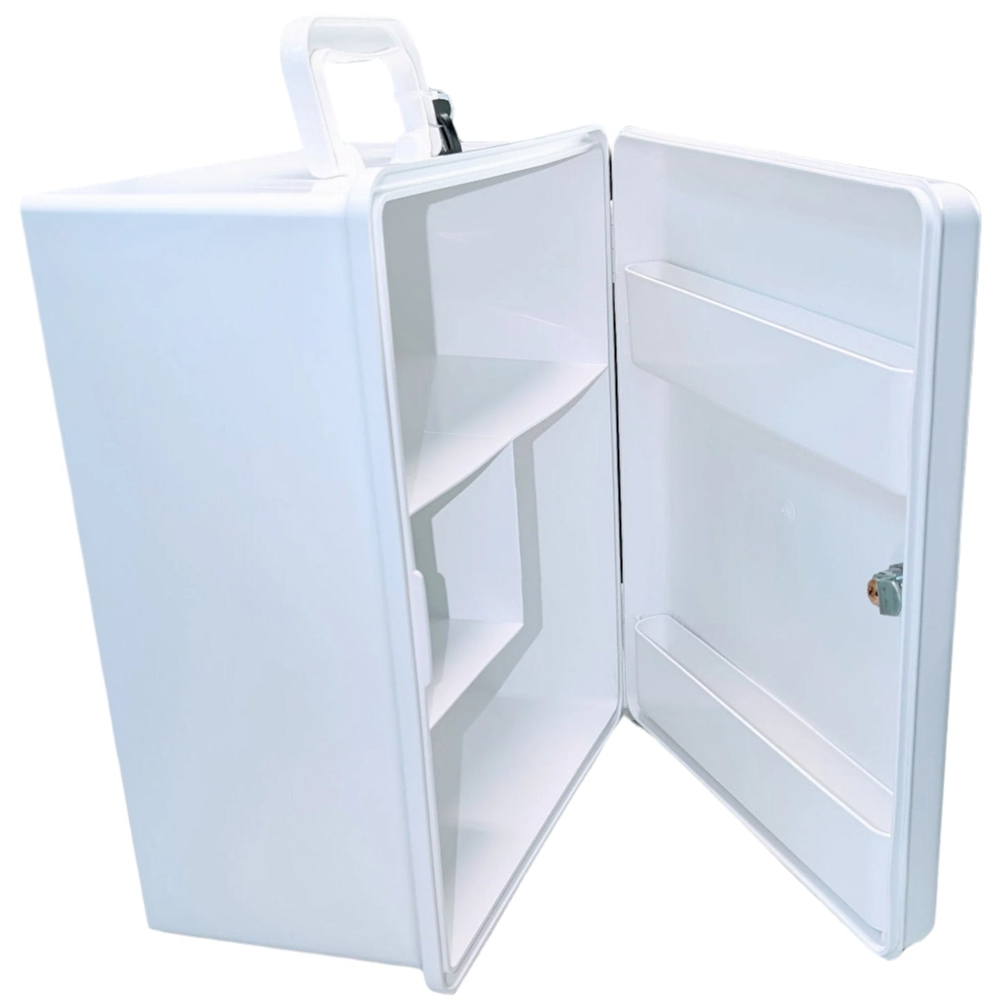 White wall mounted first aid cabinet to suit spaces with 10 persons. WHS compliant. Built in Dubbo by Assurance First Aid Kits.Internal empty view.