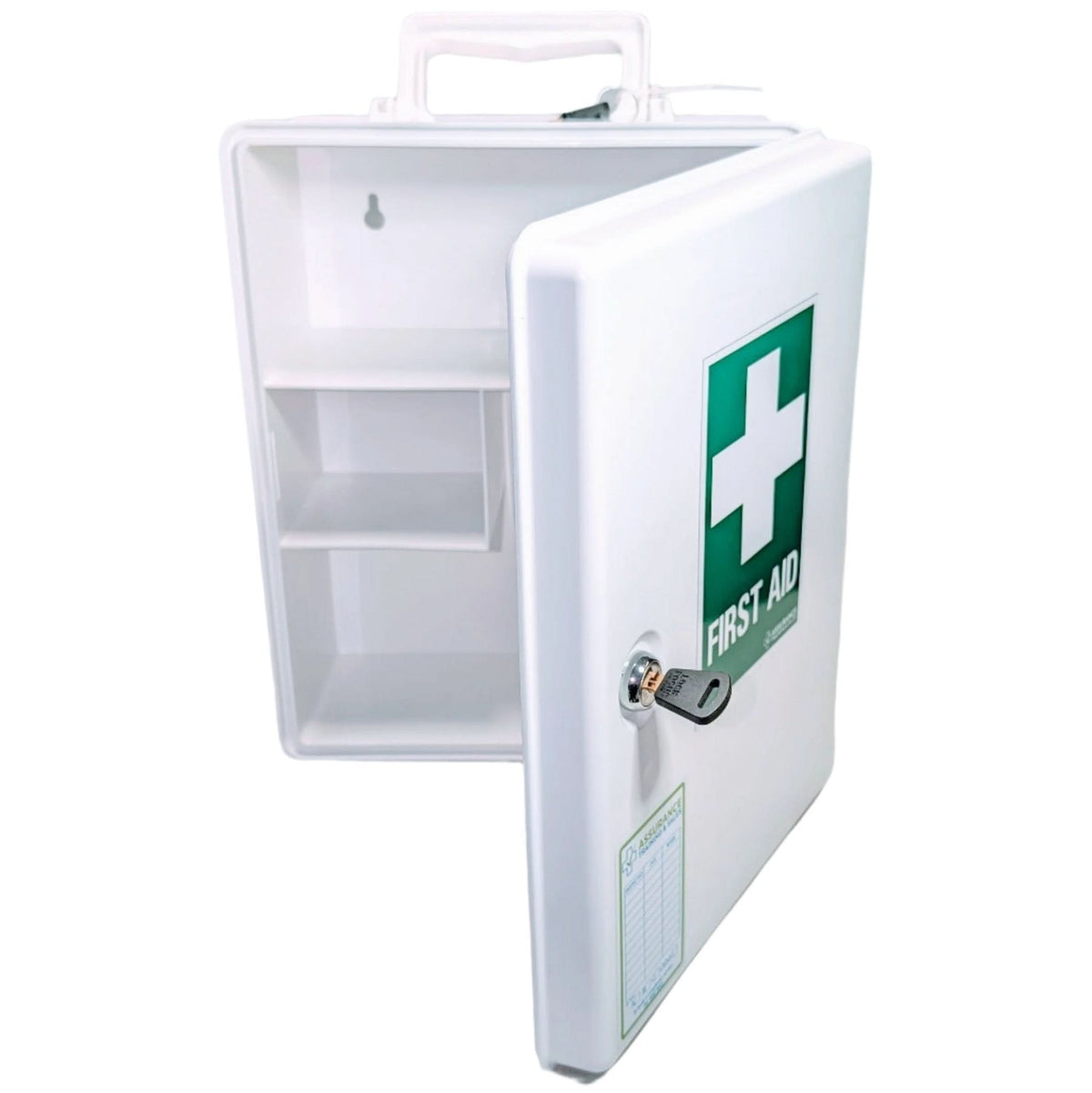 White wall mounted first aid cabinet to suit spaces with 5 persons. WHS compliant. Built in Dubbo by Assurance First Aid Kits. Front view with open door with audit register label and first aid sign on the front door.