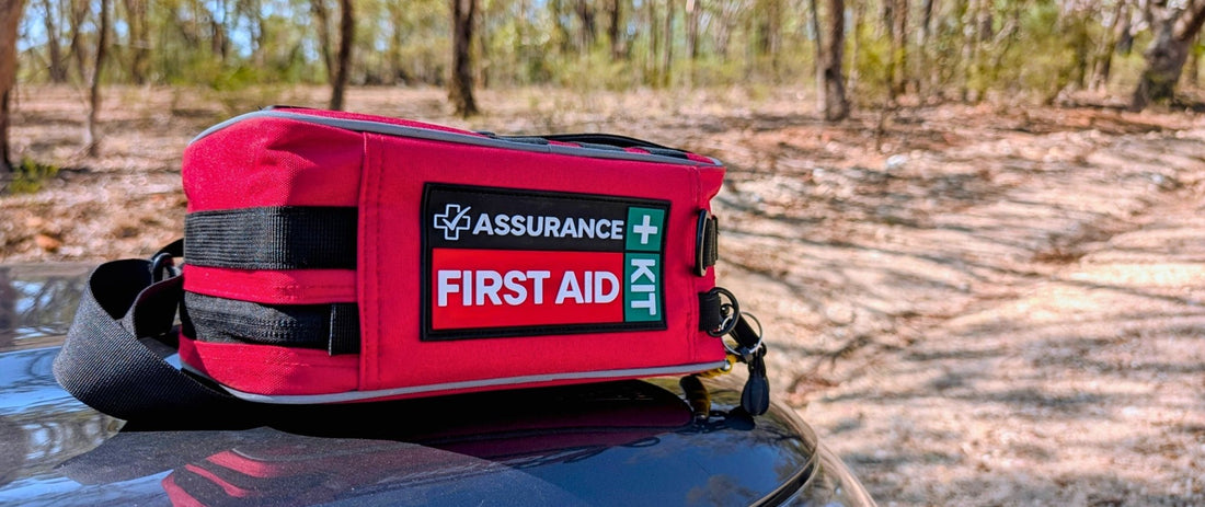 Outdoor first aid kit on a bonnet. Australian built first aid kits by Assurance First Aid Kits