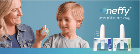 BLOG carer and child holding neffy pumps used for anaphylaxis