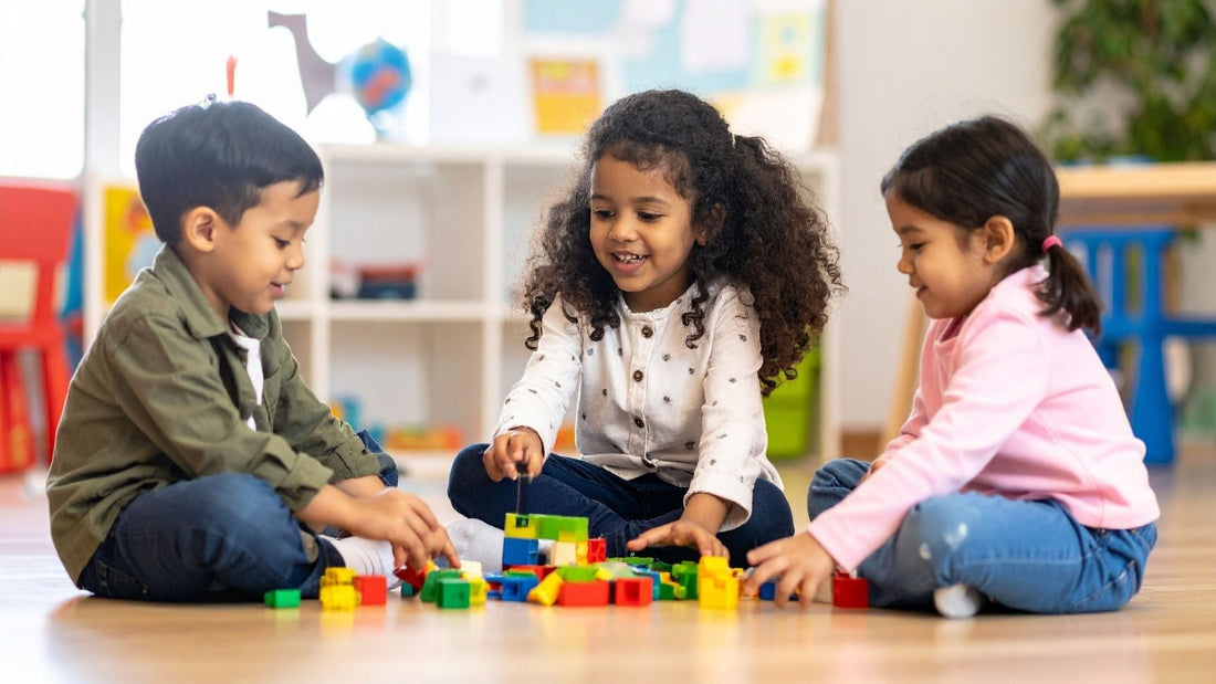 BLOG 3 children playing happily with some blocks on the floor at a day care centre