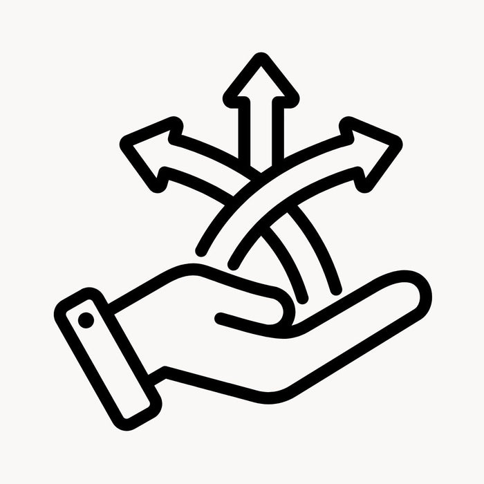 Black line drawing of a hand with three arrows pointing in different directions on a white background
