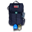 Remote Area Survival First Aid Kit. Black Rugged Tactical Backpack.  Front external view featuring hard cover pocket mask and life tent. Built in Dubbo NSW