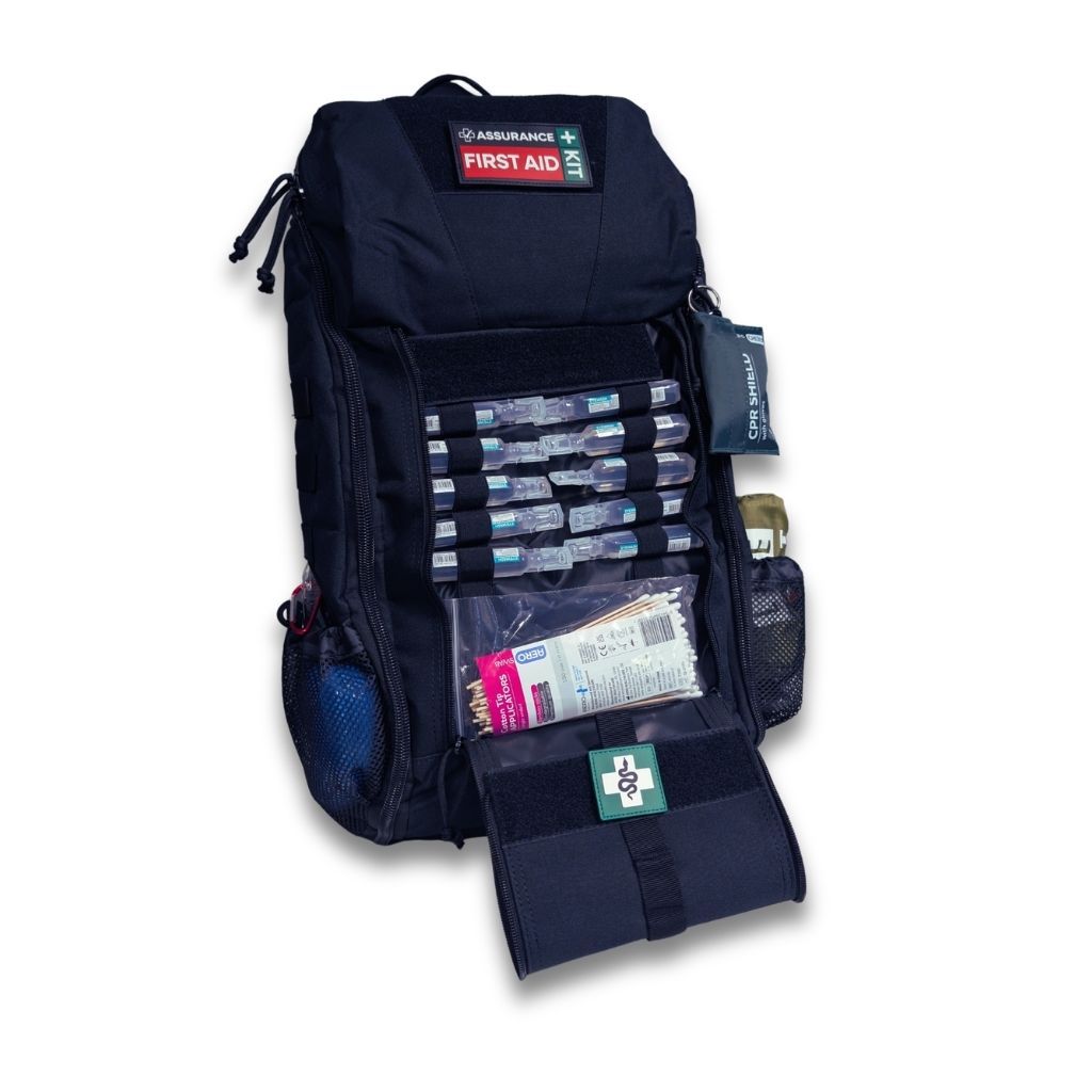 Remote Area Survival First Aid Kit. Black Rugged Tactical Backpack. Front  pouch view of contents. Built in Dubbo NSW
