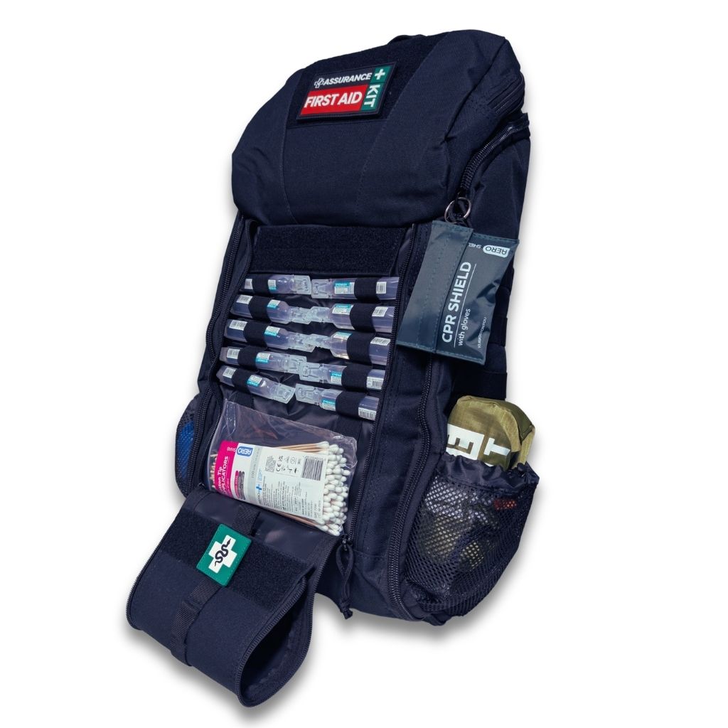 Remote Area Survival First Aid Kit. Black Rugged Tactical Backpack. Front  pouch left side view of contents. Built in Dubbo NSW
