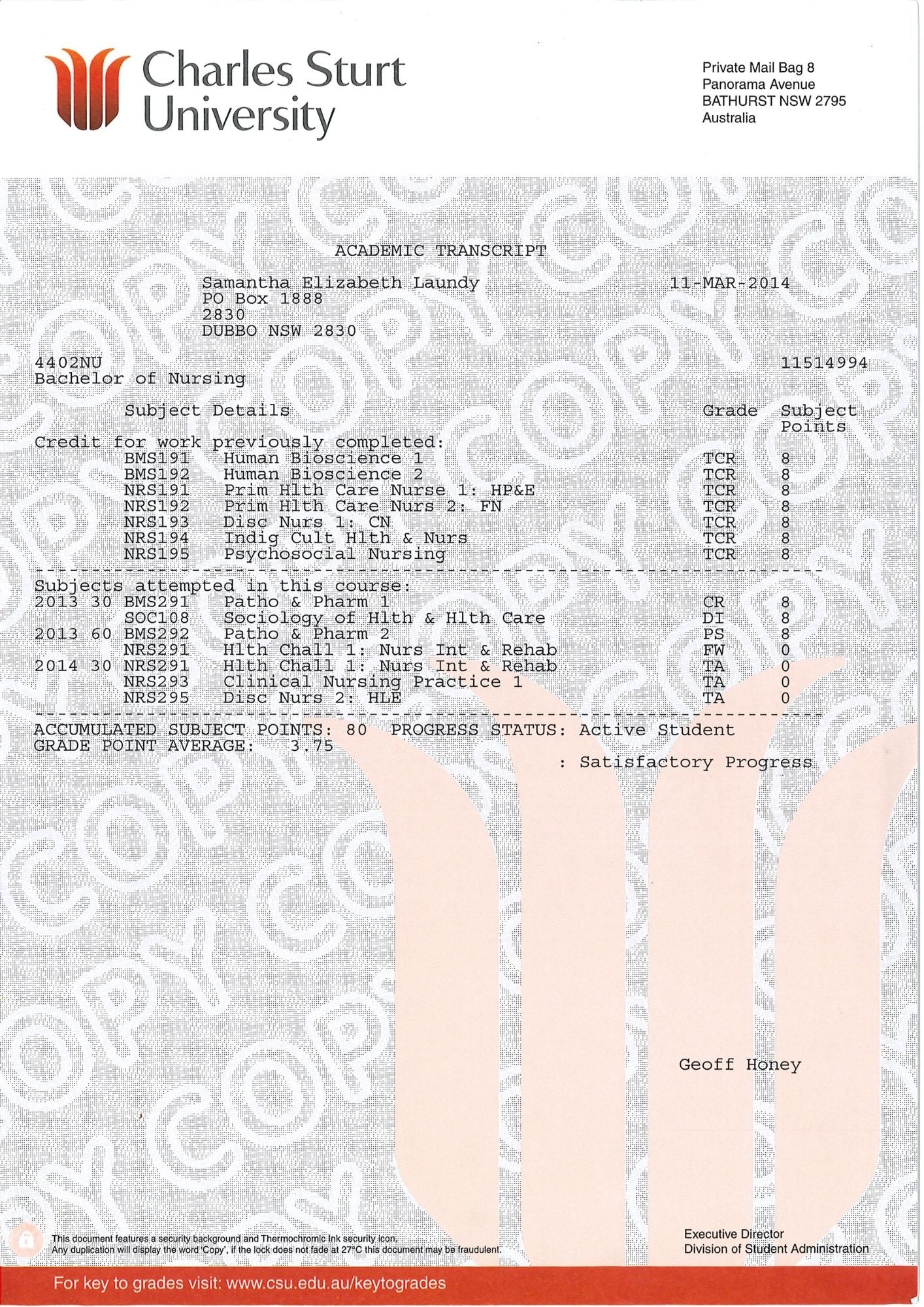 Academic transcript from Charles Sturt University with text and logos.
