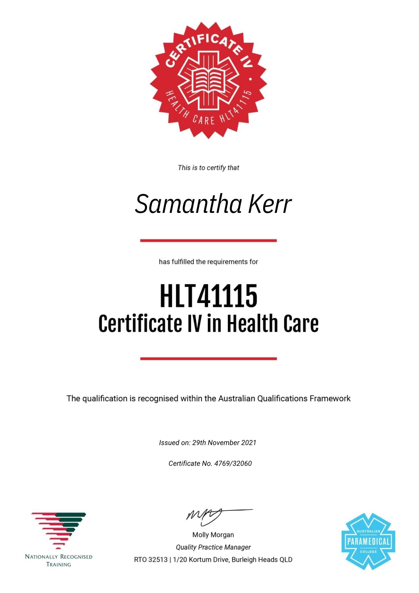 Certificate IV in Health Care for Samantha Kerr with a red logo on a white background
