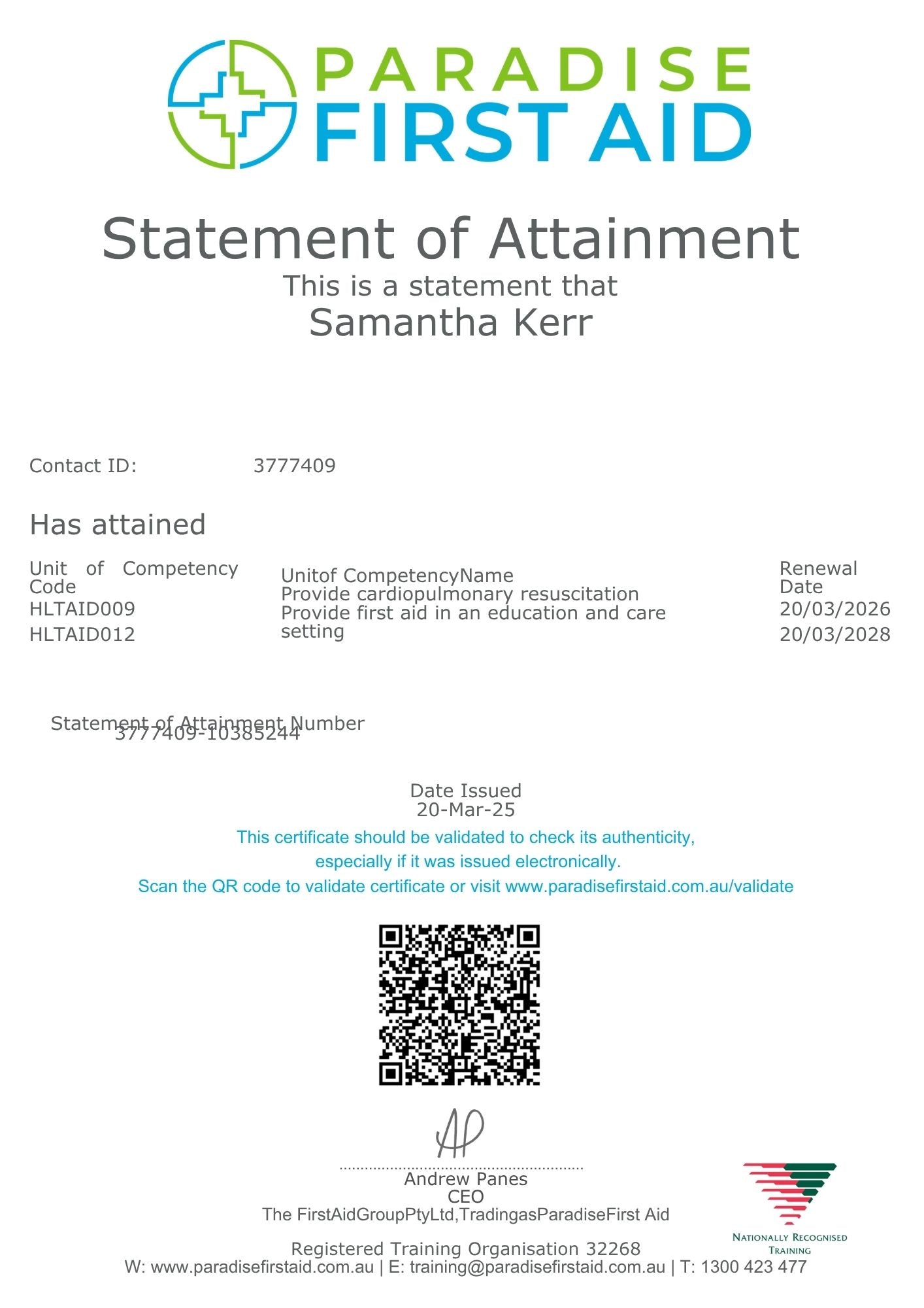 Paradise First Aid Statement of Attainment for Samantha Kerr with contact information and certification details.
