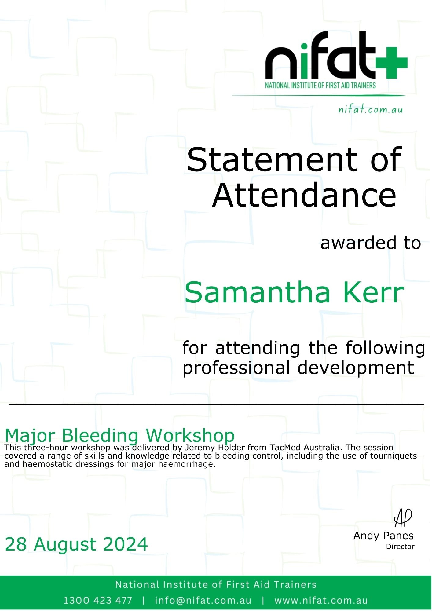 Statement of Attendance for a Major Bleeding Workshop with NIFAT branding