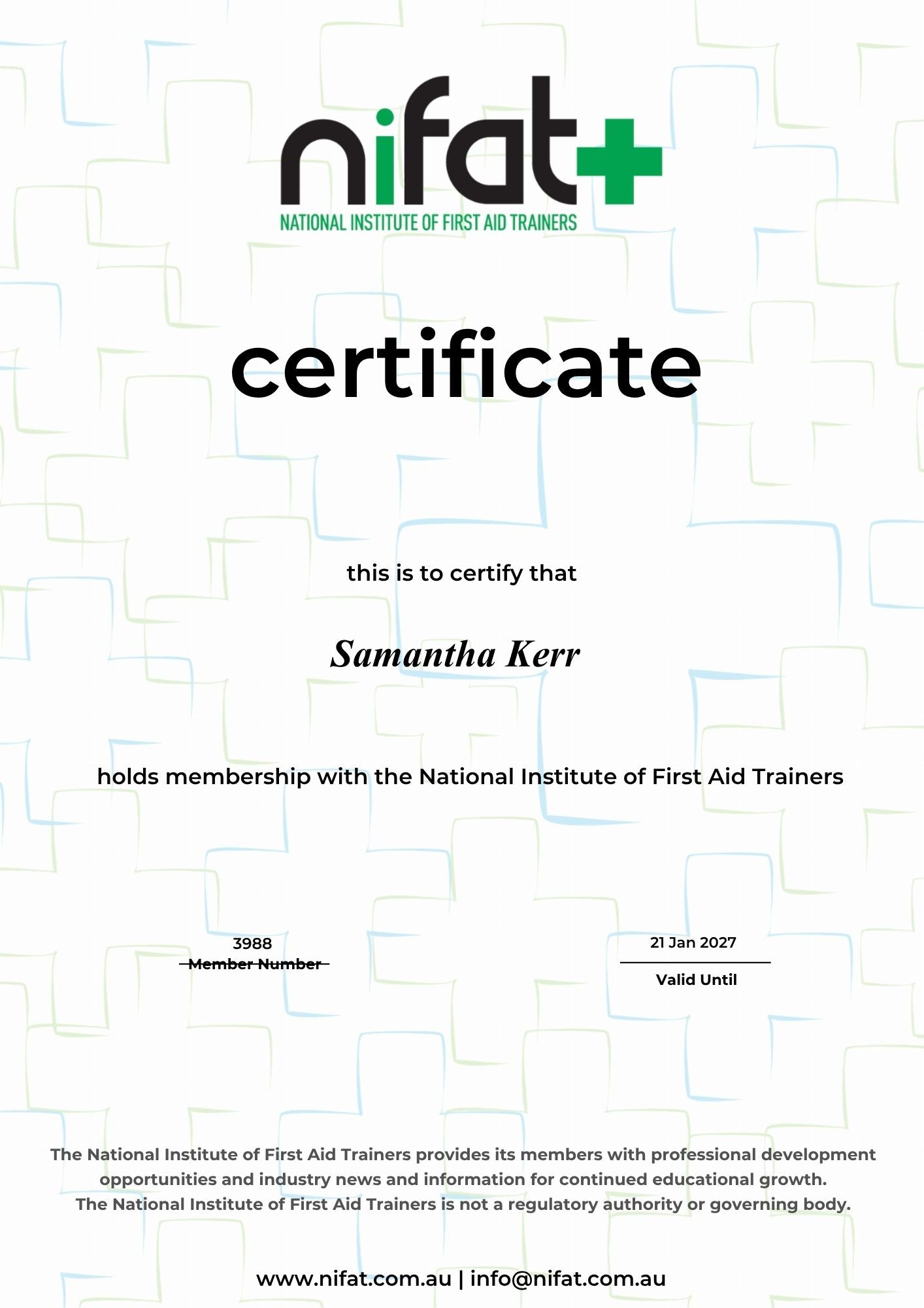 NIFAT certificate for Samantha Kerr with a white background