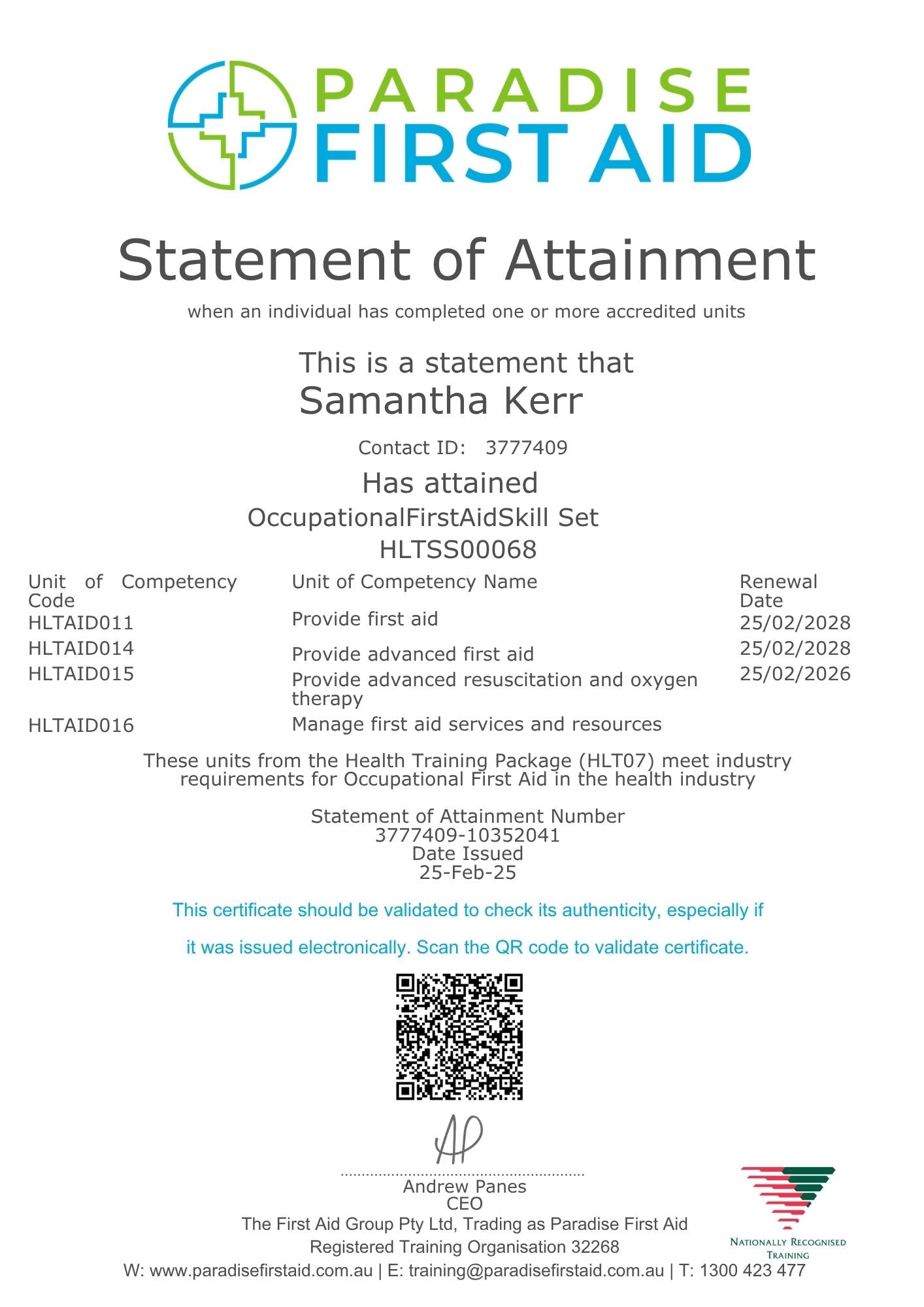 Paradise First Aid Statement of Attainment for Occupational First Aid Skill Set attainment