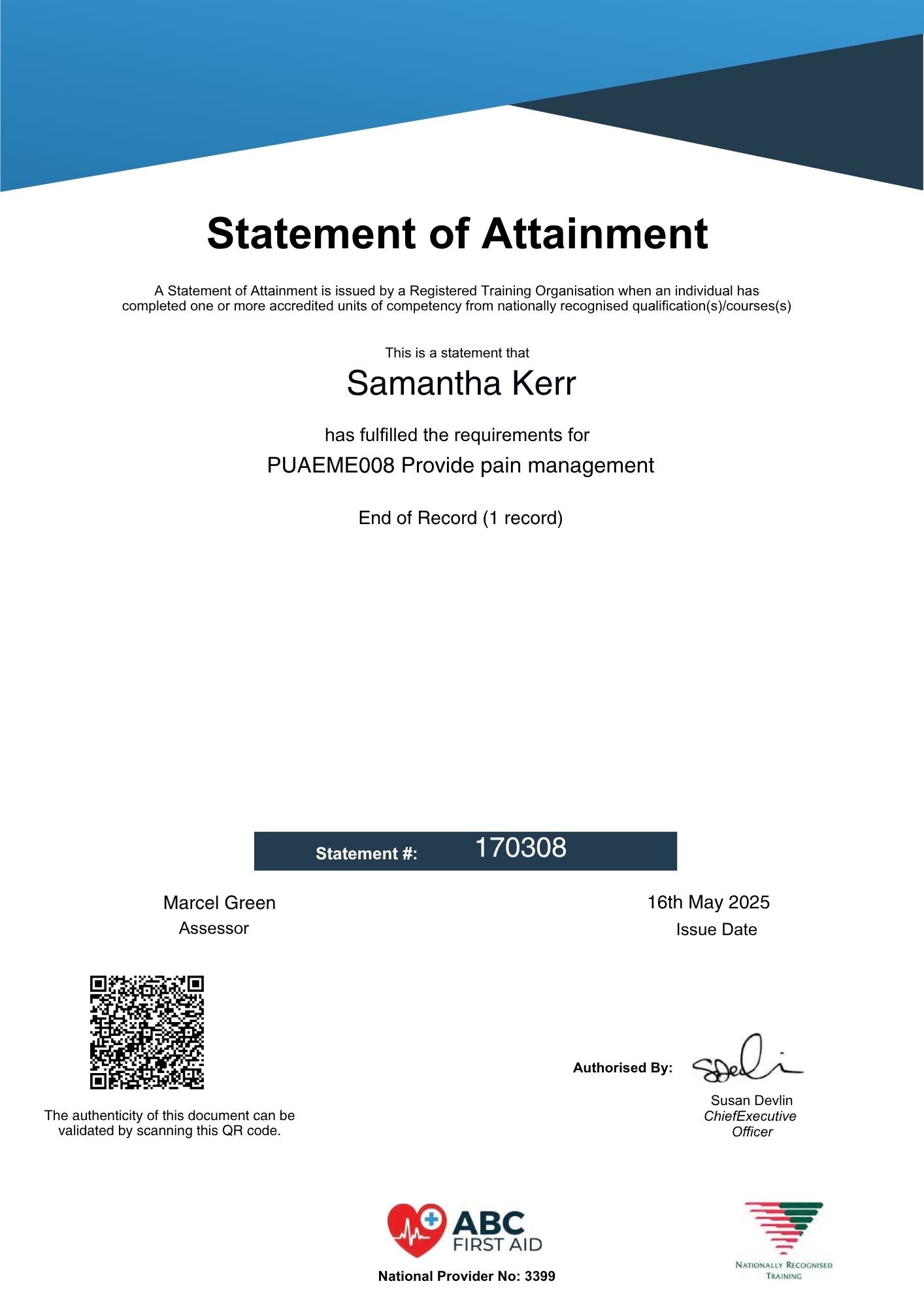 Statement of Attainment certificate for pain management training issued by ABC First Aid.