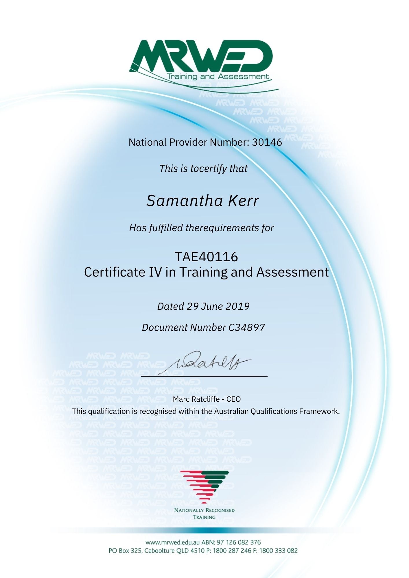 Certificate from MRWED with Samantha Kerr's name on a white background
