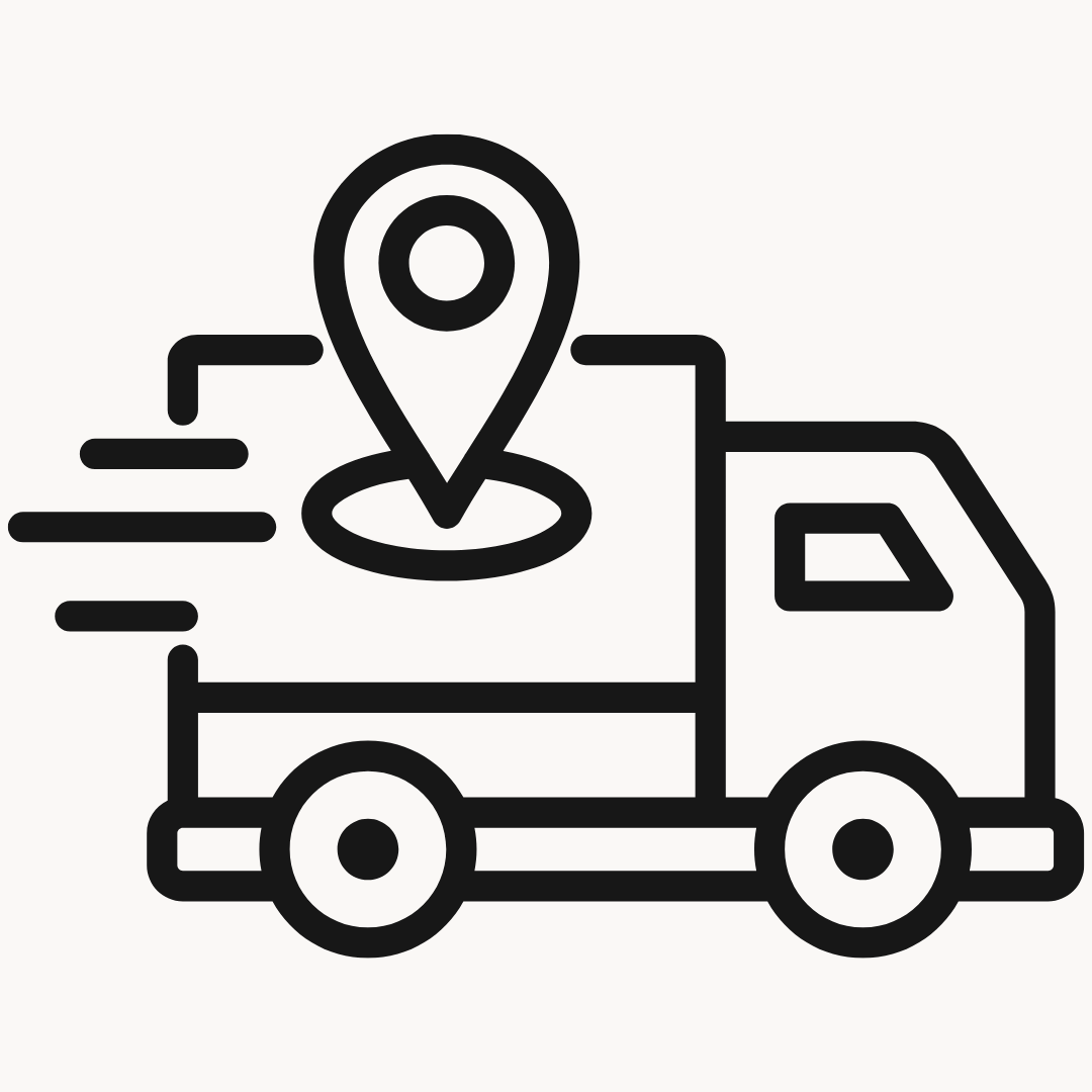 A black line icon of a delivery truck with a location pin and motion lines on a light gray background.
