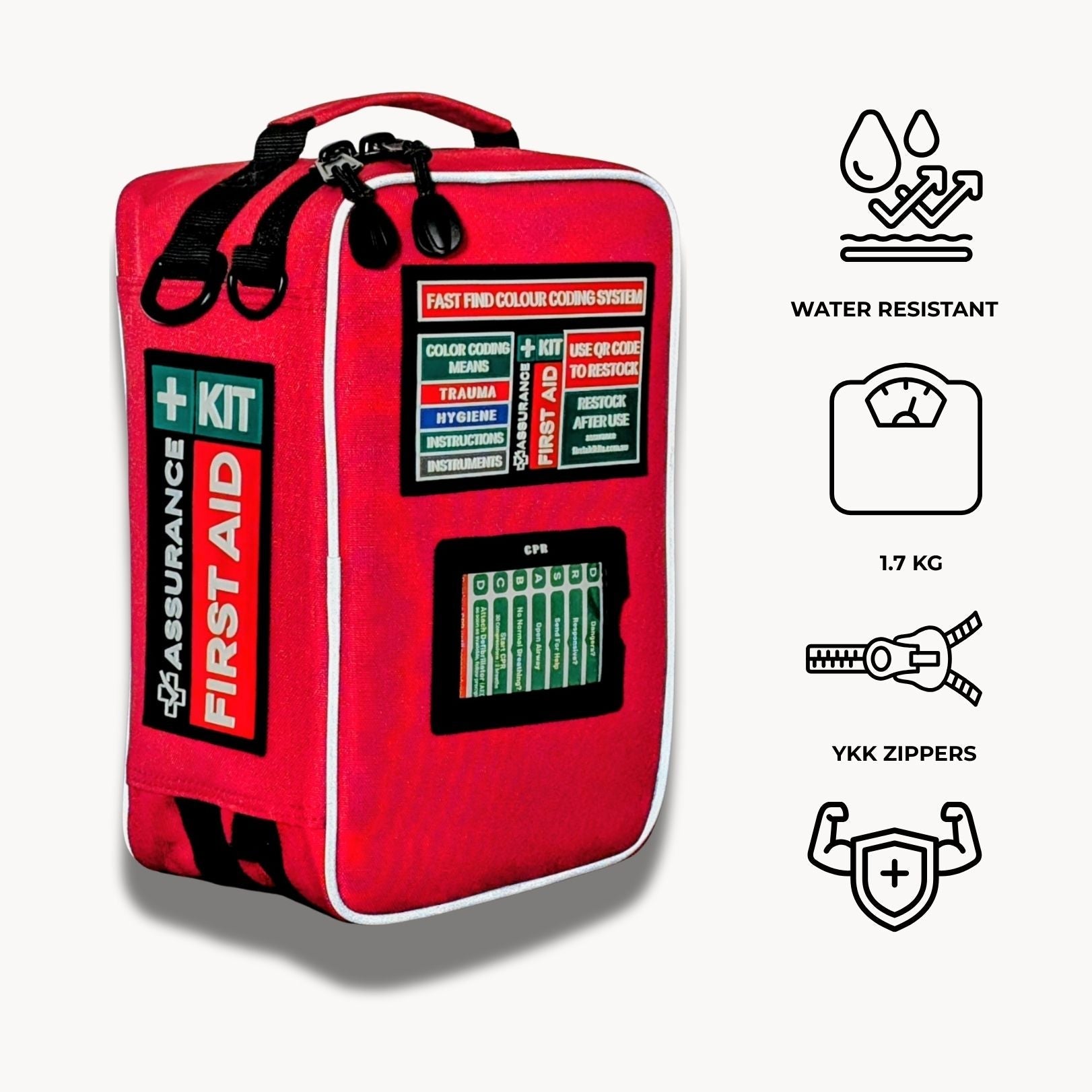 WHS Compliant Red First Aid Kit for 10 persons. Best for office, NDIS houses and receptions. Built in Dubbo by Assurance First Aid Kits. Plus feature icons.