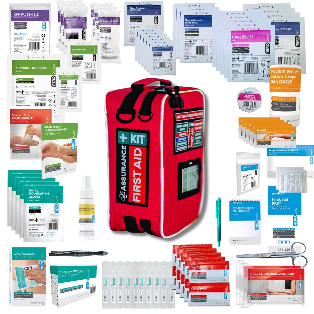 WHS Compliant Red First Aid Kit for 10 persons. Best for office, NDIS houses and receptions. Built in Dubbo by Assurance First Aid Kits. Plus flat lay view of all contents.