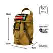 Snake bite kit for australian snake and spider bites from Assurance First Aid Kits. Front view of khaki molle bag showing contents-weight 554g, dimensions 18cm x 12cm x 9 cm