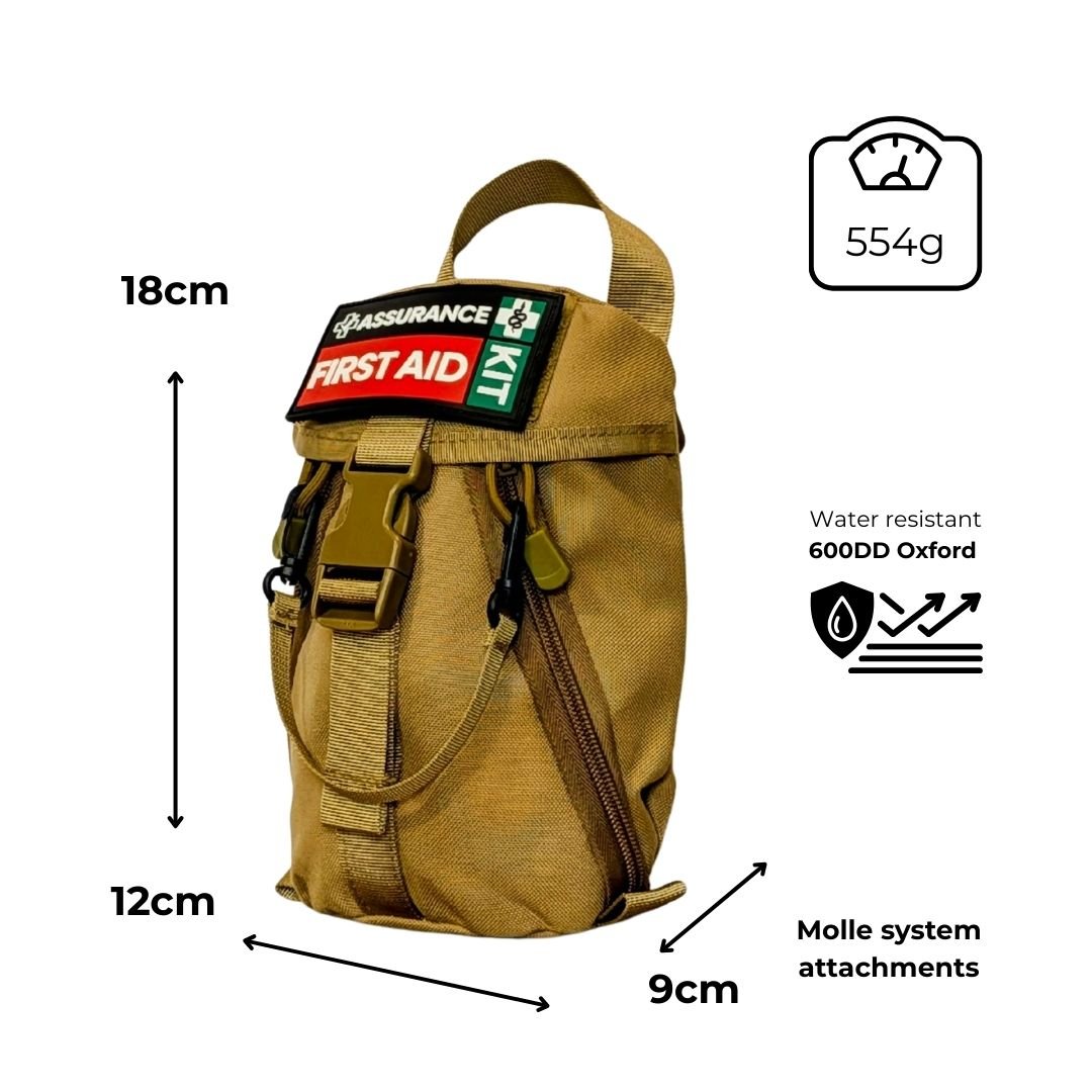 Snake bite kit for australian snake and spider bites from Assurance First Aid Kits. Front view of khaki molle bag showing contents-weight 554g, dimensions 18cm x 12cm x 9 cm