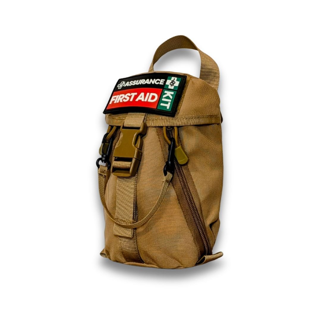 Snake bite kit for australian snake and spider bites from Assurance First Aid Kits. Left view of khaki molle bag 