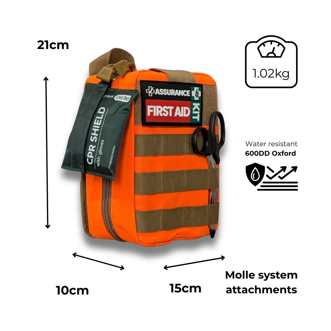 Hi vis orange molle style first aid kit for Australian snake, spider & tick first aid. Made in Dubbo by Assurance First Aid Kits. Dimensions 21cm x 10 cm x 15cm.