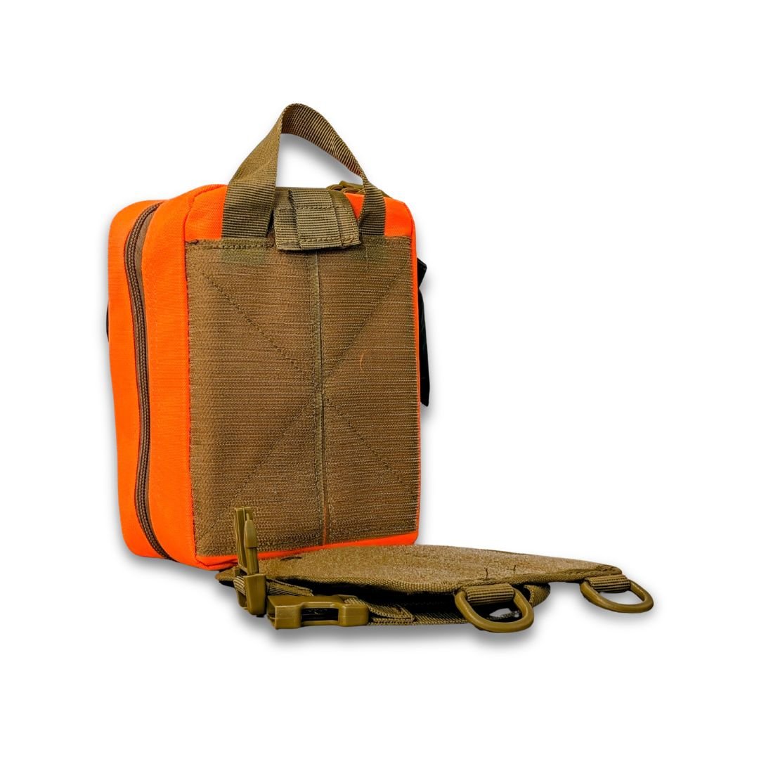 Hi vis orange molle style first aid kit for Australian snake, spider & tick first aid. Made in Dubbo by Assurance First Aid Kits. Rear left view with CPR shield molle system detail.