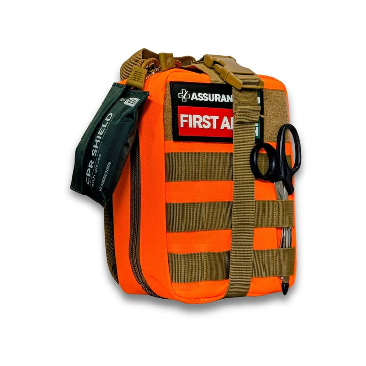 Hi vis orange molle style first aid kit for Australian snake, spider & tick first aid. Made in Dubbo by Assurance First Aid Kits. Front right view with CPR shield.
