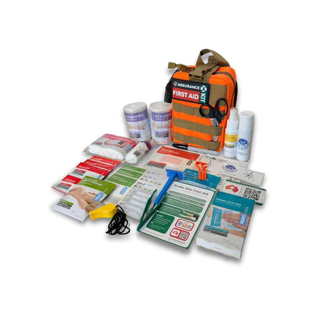 Hi vis orange molle style first aid kit for Australian snake, spider & tick first aid. Made in Dubbo by Assurance First Aid Kits. Top down view of all contents.