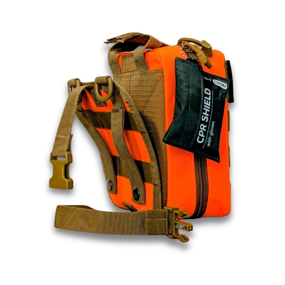 Hi vis orange molle style first aid kit for Australian snake, spider & tick first aid. Made in Dubbo by Assurance First Aid Kits. Rear right view with CPR shield molle system detail.