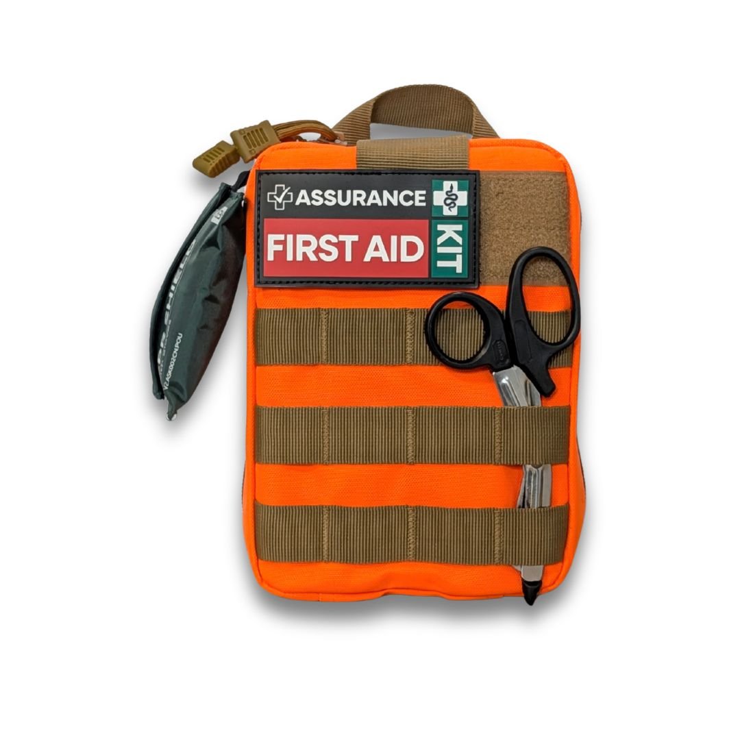 Hi vis orange molle style first aid kit for Australian snake, spider & tick first aid. Made in Dubbo by Assurance First Aid Kits. Front square view.