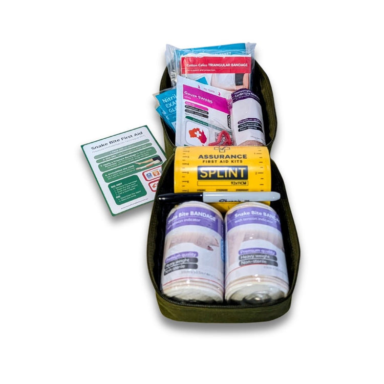 Snake bite kit for Australian snake and spider bites. Internal packed View.  Built in NSW by Assurance First Aid Kits