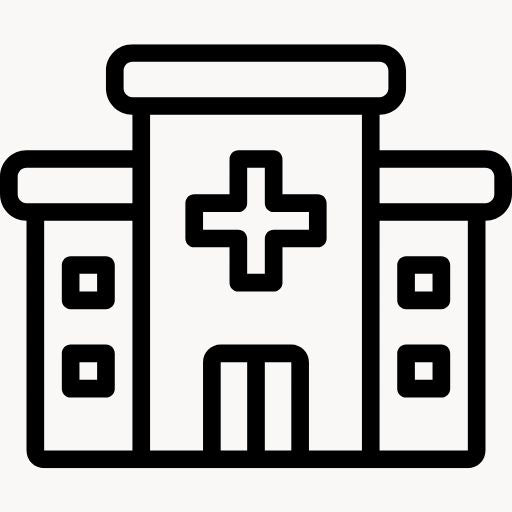 Outline of a hospital building with a cross symbol on a white background