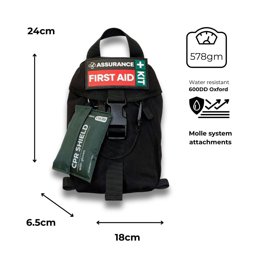 IFAK Hike first aid kit for hiking and bushwalking. Black molle bag with CPR shield and dual quick release zippers. I24cm x 6.5cm x 18cm, 578g Built in Dubbo NSW
