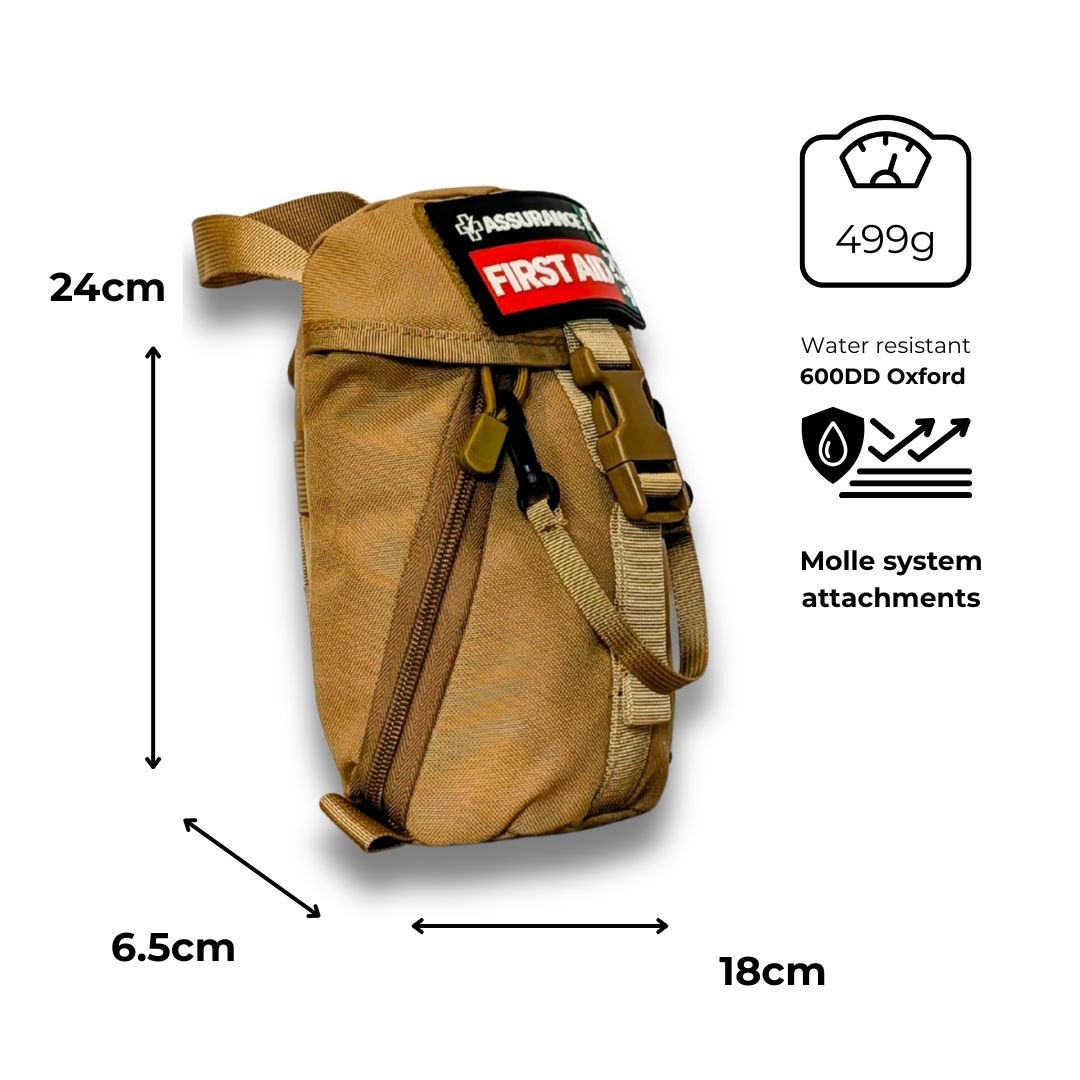 A khaki molle style hiking and bushwalking first aid kit right side view. Dimensions 24cm x 6.5 cm x 18 cm Built in Dubbo By  Assurance First Aid Kits 