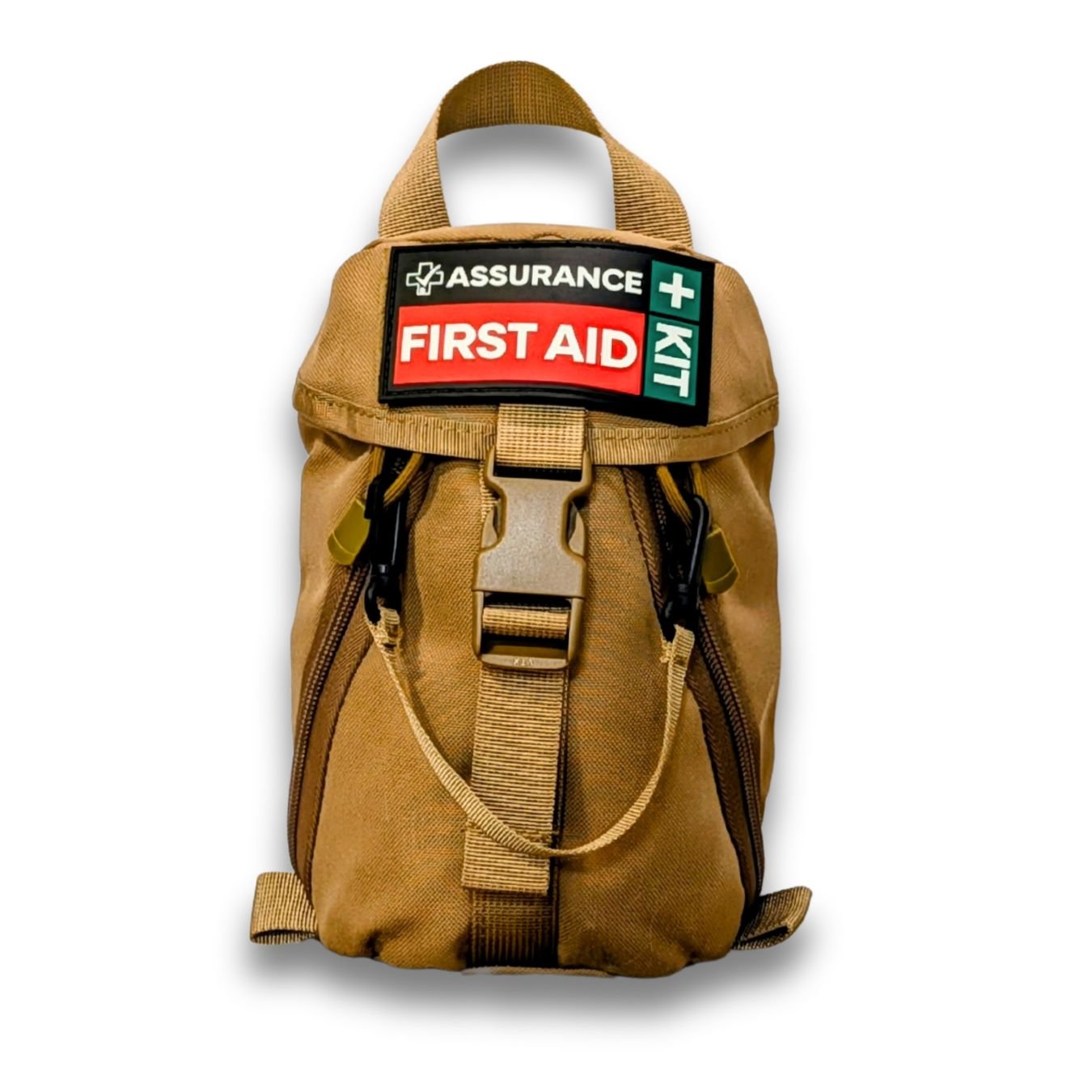 A khaki molle style hiking and bushwalking first aid kit front view. Built in Dubbo By  Assurance First Aid Kits 