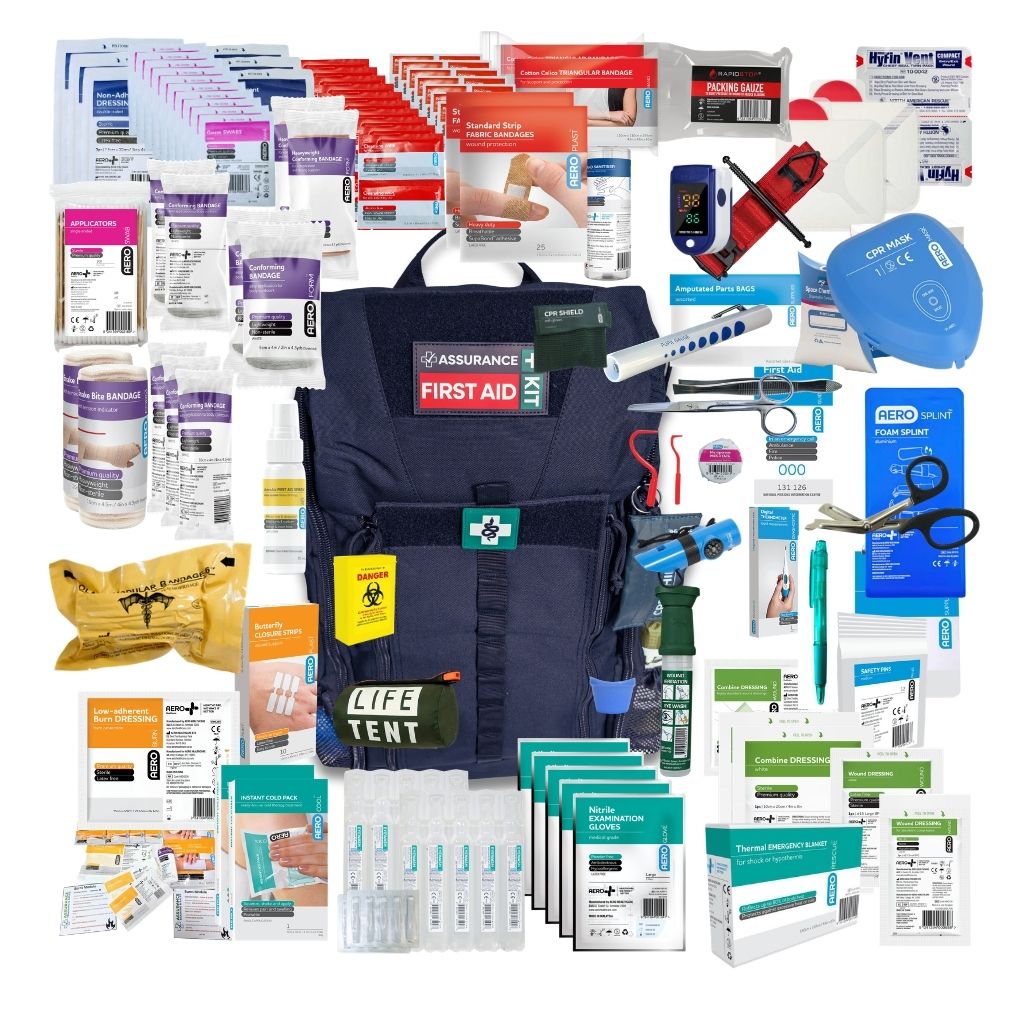 Remote Area Survival First Aid Kit. Black Rugged Tactical Backpack. Contents display Top Down. Built in Dubbo NSW
