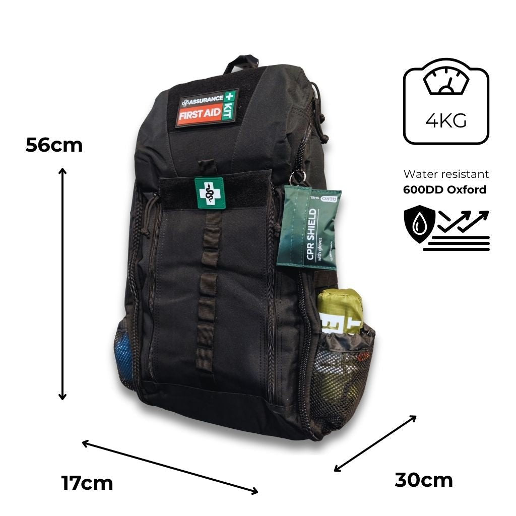 Remote Area Survival First Aid Kit. Black Rugged Tactical Backpack. Dimensions 56cm x 17cm x 30 cm External  Leftside view. Built in Dubbo NSW
