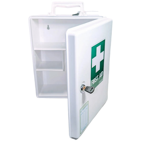 White wall mounted first aid cabinet to suit spaces with 5 persons. WHS compliant. Built in Dubbo by Assurance First Aid Kits. Front view with open door with audit register label and first aid sign on the front door.