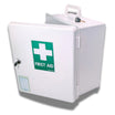 White wall mounted first aid cabinet to suit spaces with 10 persons. WHS compliant. Built in Dubbo by Assurance First Aid Kits. Front view with audit register label and first aid sign on the front door.