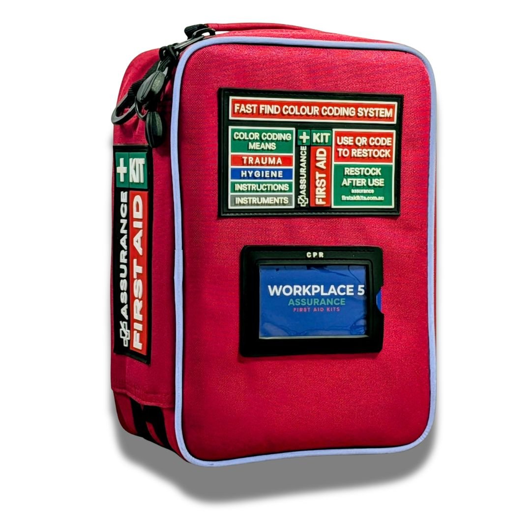 WHS Compliant Red First Aid Kit for 5 persons. Best for office, NDIS houses and receptions. Built in Dubbo by Assurance First Aid Kits front view.